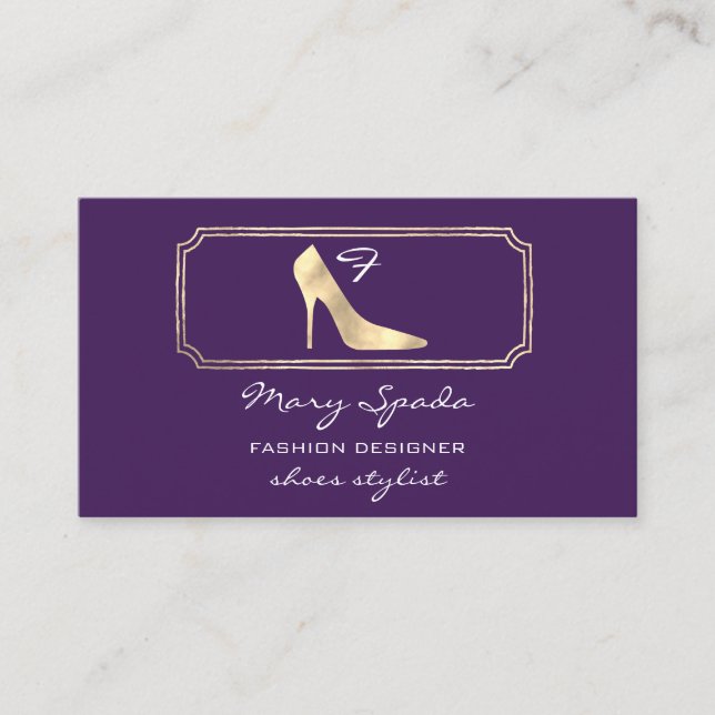 Monogram Purple Golden Frame Shoes Heels Gold Business Card (Front)