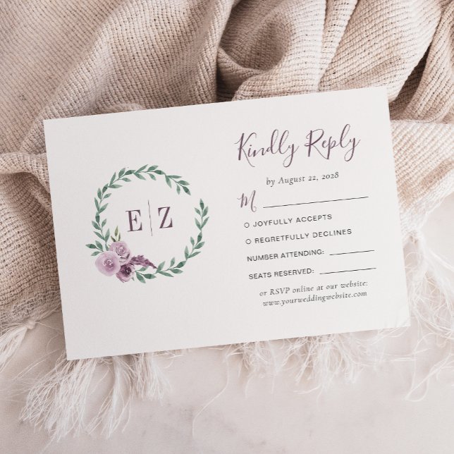Monogram Purple Green Floral Wreath Wedding RSVP Card (Creator Uploaded)