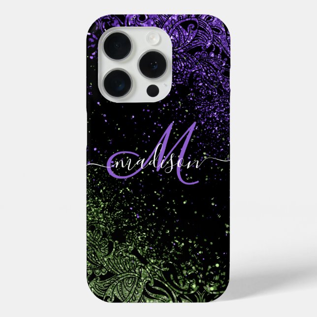 Monogram Purple & Green Glitter Case-Mate iPhone Case (Back)