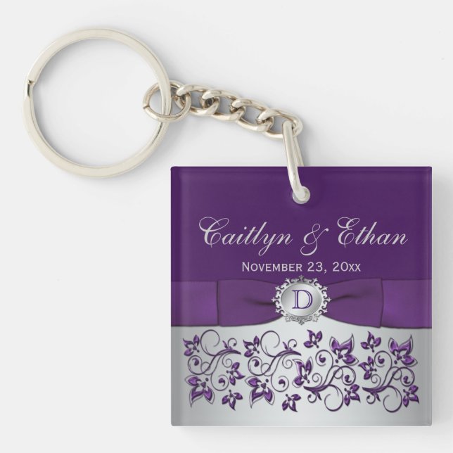 Monogram Purple Grey Floral Acrylic Keychain (Front)