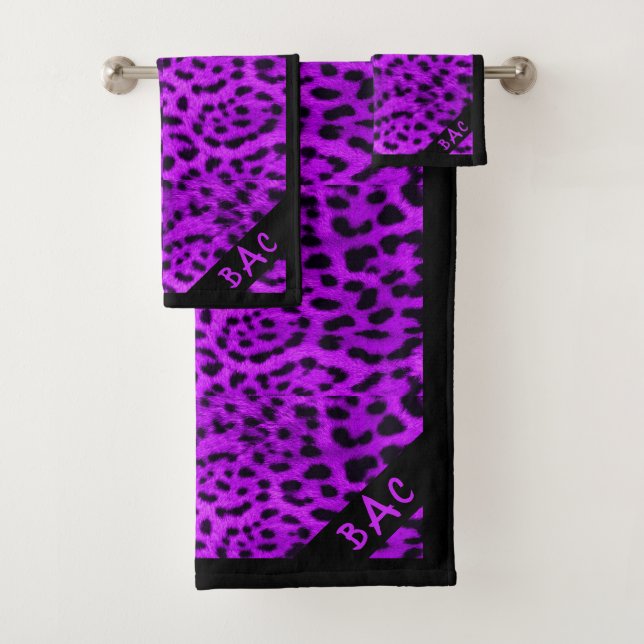 Monogram Purple Leopard Print Bath Towel Set (Insitu)