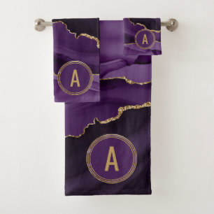 Monogram Purple Marble Agate Gold Glitter Bath Towel Set