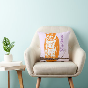 Monogram Purple Orange Coral Baby Girl Vintage Owl Throw Pillow