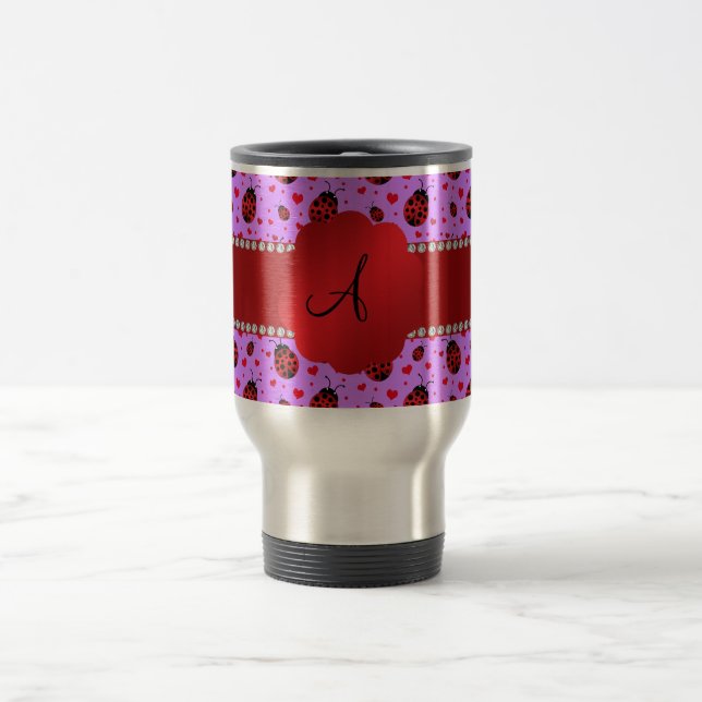 Monogram purple pastel ladybug hearts pattern travel mug (Center)
