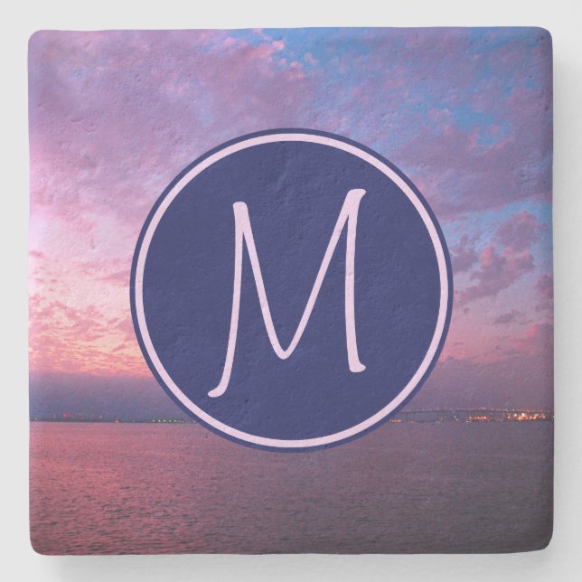 Monogram Purple Pink Blue California Ocean Sunset Stone Coaster (Front)