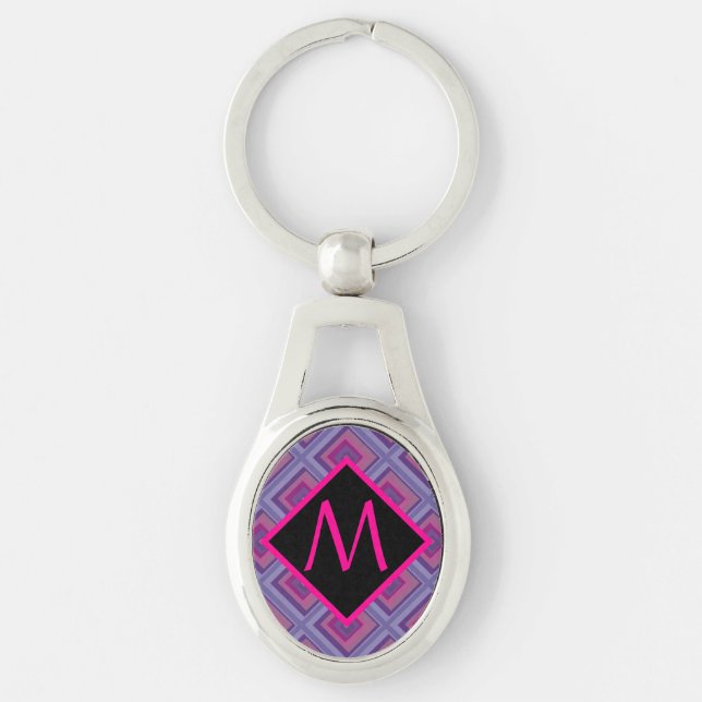 Monogram Purple Pink Diamond Chequered Pattern Art Keychain (Front)