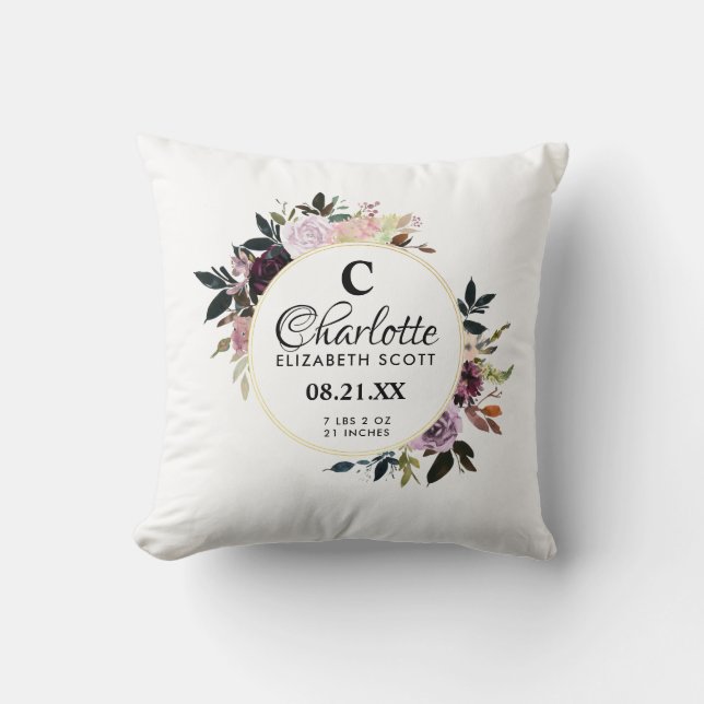 Monogram Purple Pink Floral Birth Stats Throw Pillow (Front)