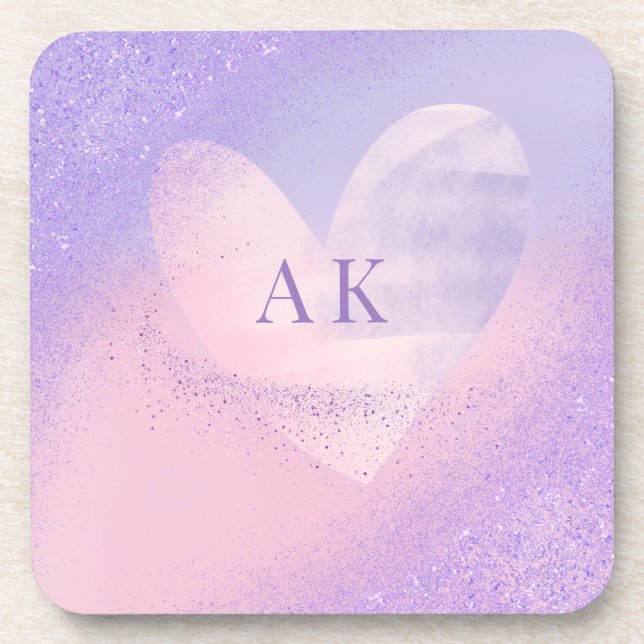 Monogram Purple Pink Gradient Heart Coaster (Front)