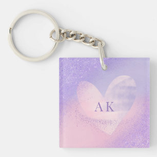 Monogram Purple Pink Gradient Heart  Keychain