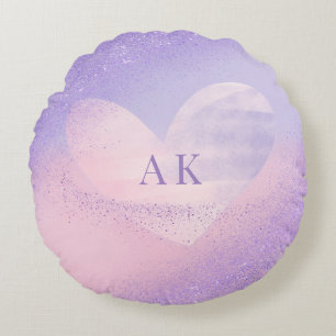 Monogram Purple Pink Gradient Heart Round Pillow