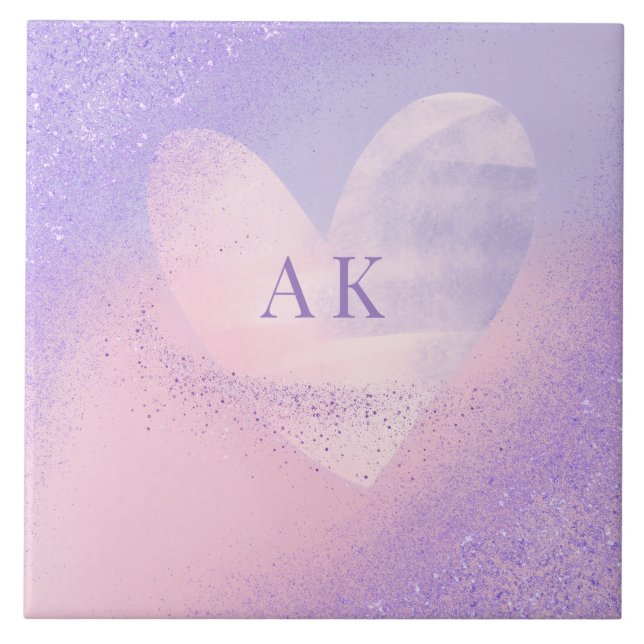 Monogram Purple Pink Gradient Heart  Tile (Front)