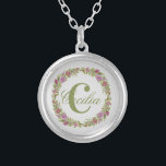 Monogram Purple Pink Green Floral Gift Her Silver Plated Necklace<br><div class="desc">Personalize this Round Silver Necklace with your last name or first name and your initial.  You are able to change the font or the colour of the text.</div>