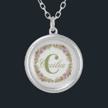 Monogram Purple Pink Green Floral Gift Her Silver Plated Necklace<br><div class="desc">Personalize this Round Silver Necklace with your last name or first name and your initial.  You are able to change the font or the colour of the text.</div>