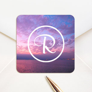 Monogram purple pink ocean sunset photography bold square sticker