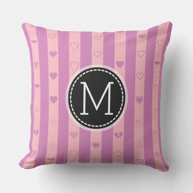 Monogram Purple Pink Stripes Modern Heart Pattern Throw Pillow (Front)