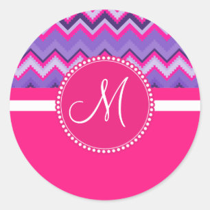 Monogram Purple Pink Tribal Chevron Zig Zags Classic Round Sticker