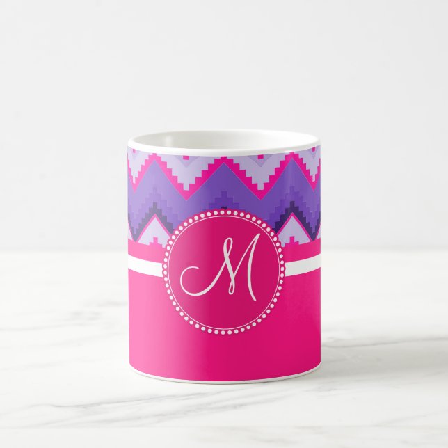 Monogram Purple Pink Tribal Chevron Zig Zags Coffee Mug (Center)