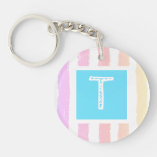Monogram Purple Pink Watercolor Stripes Keychain