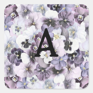 Monogram Purple Pink White Pansies Vintage Drawing Square Sticker