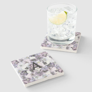 Monogram Purple Pink White Pansies Vintage Drawing Stone Coaster