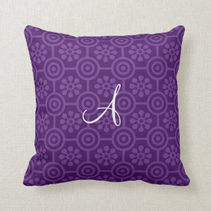 Monogram purple retro flowers and circles throw pillow