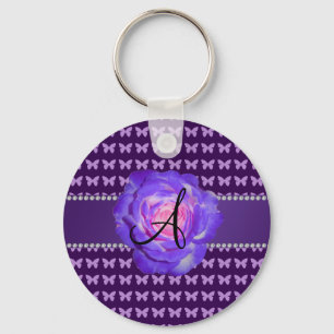 Monogram purple roses butterflies keychain