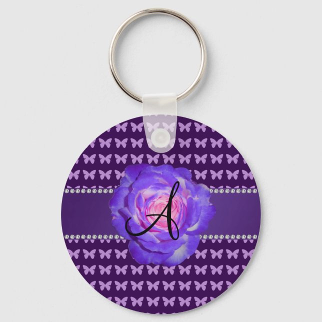 Monogram purple roses butterflies keychain (Front)