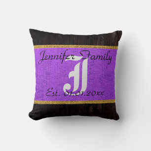 Monogram Purple Rustic Burlap Linen Wood Look Throw Pillow