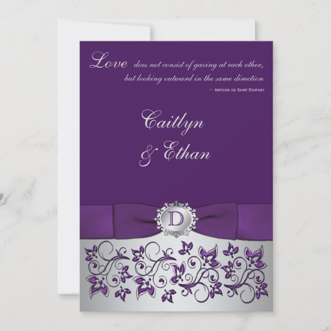 Monogram Purple, Silver Floral Wedding Invitation (Front)