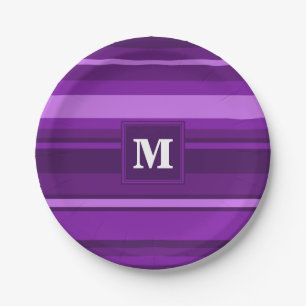Monogram purple stripes paper plate