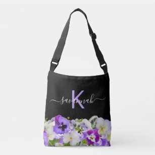 Monogram purple violet black florals script crossbody bag