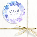 Monogram Purple Watercolor Wisteria Floral Wedding Classic Round Sticker<br><div class="desc">Monogram Purple Watercolor Wisteria Floral Wedding Stickers features elegant watercolor wisteria flowers in soft lavender and purple with green leaves on a white background with your monogram and wedding date below. Designed for you by Evco Studio www.zazzle.com/store/evcostudio</div>