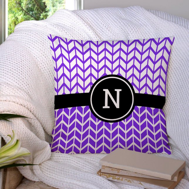 Monogram Purple White Chevron Pattern Bold Modern Throw Pillow (Creator Uploaded)
