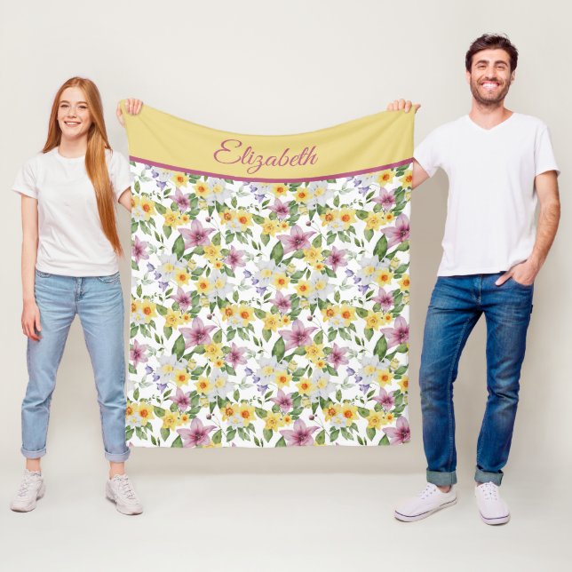 Monogram Purple Yellow White Green Floral Fleece Blanket (In Situ)