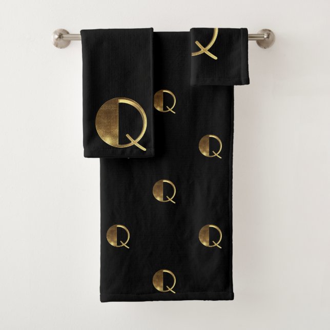 Monogram Q Black and Gold Look Elegant Typography Bath Towel Set (Insitu)
