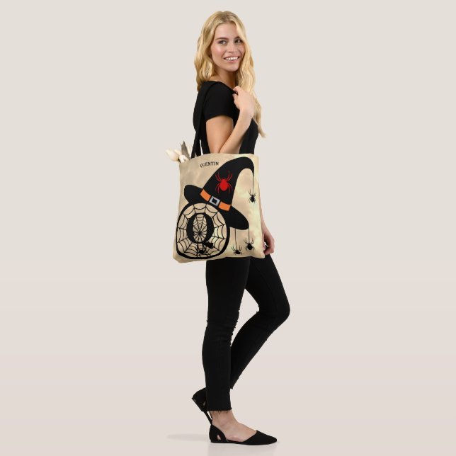 Monogram Q Cloudy Witch Spiders Name All-Over Tote Bag (On Model)
