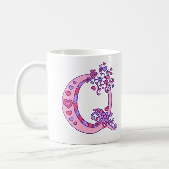 Monogram Q hearts and flowers pink purple mug (Left)