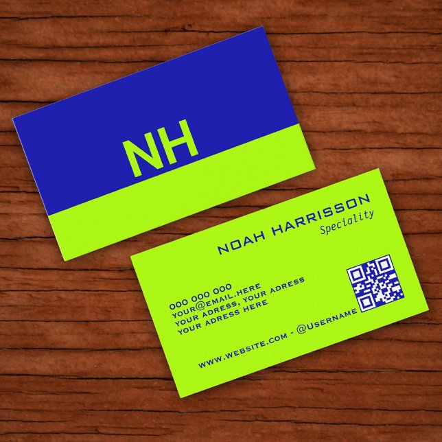 Monogram QR code blue electric lime minimalist Business Card (Monogram QR code blue electric lime minimalist Business Card)