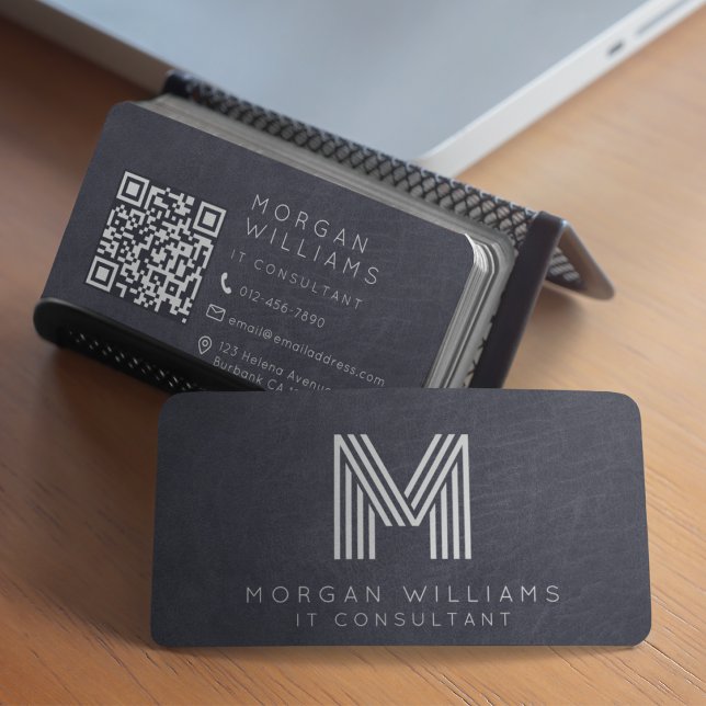 Monogram QR Code Blue Leather  Business Card (Creator Uploaded)