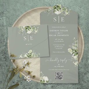 Monogram QR Code Greenery Sage Green Wedding All In One Invitation
