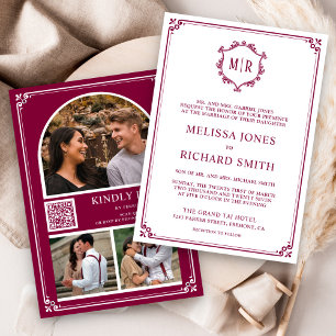 Monogram QR Code Photo Collage Magenta Wedding Invitation