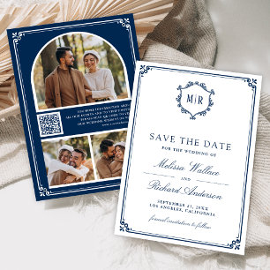 Monogram QR Code Photo Collage Navy Blue Wedding Save The Date