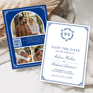 Monogram QR Code Photo Collage Royal Blue Wedding Save The Date