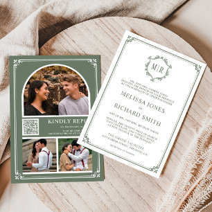 Monogram QR Code Photo Collage Sage Green Wedding Invitation