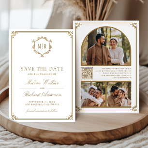 Monogram QR Code Photo Collage White Gold Wedding Save The Date