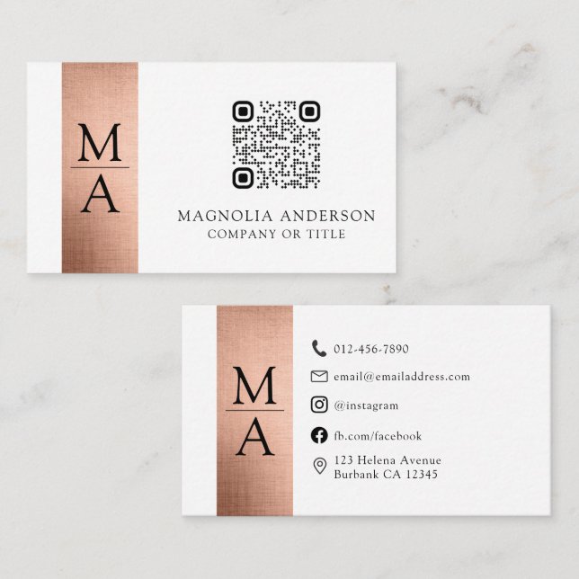 Monogram QR Code Rose Gold Foil Business Card (Front/Back)