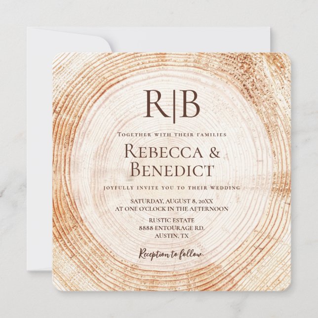 Monogram QR Code Website Bark Rustic Wedding  Invitation (Front)