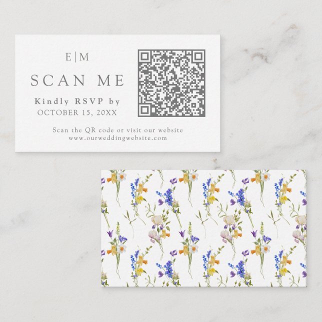 Monogram QR Code Website Floral Wedding RSVP Enclosure Card (Front/Back)