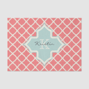 Monogram Quatrefoil Coral Mint Pattern Tissue Paper