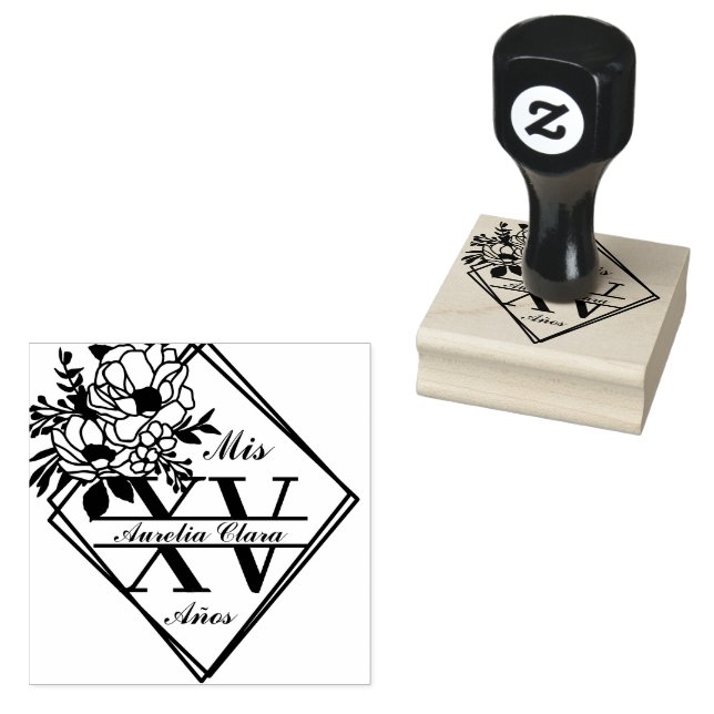 Monogram Quinceanera Mis XV Geometric Floral  Rubber Stamp (Stamped)